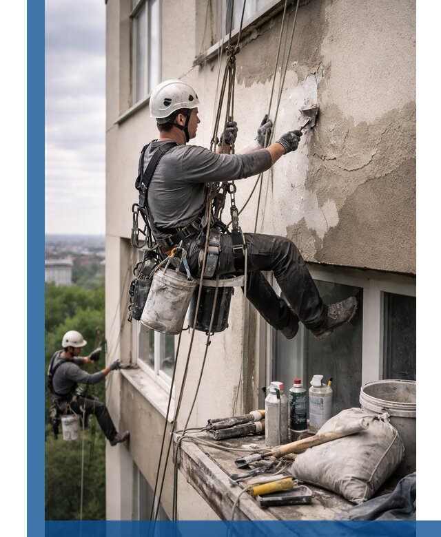 Косметический ремонт фасада зданий в Каменске-Шахтинском промышленными альпинистами