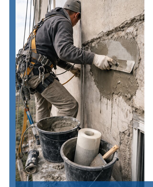 Ремонт бетонных элементов фасада промышленными альпинистами в Каменске-Шахтинском