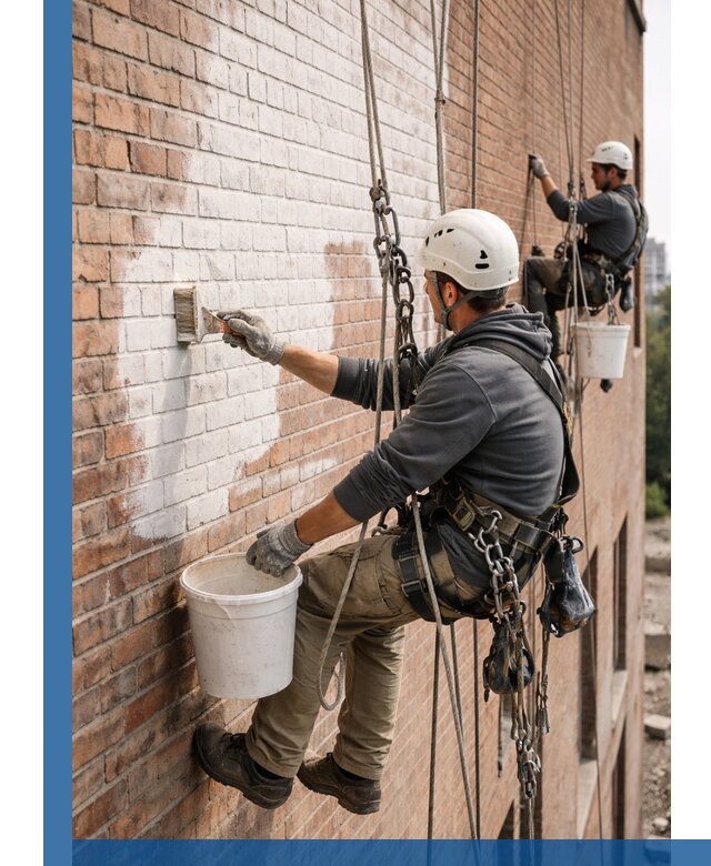 Покраска кирпичного фасада с доступным альпинистским сервисом в Каменске-Шахтинском