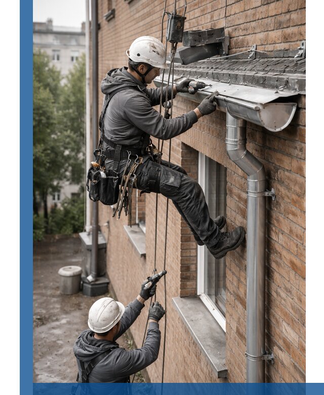 Монтаж водосточной системы на здании в Каменске-Шахтинском под ключ