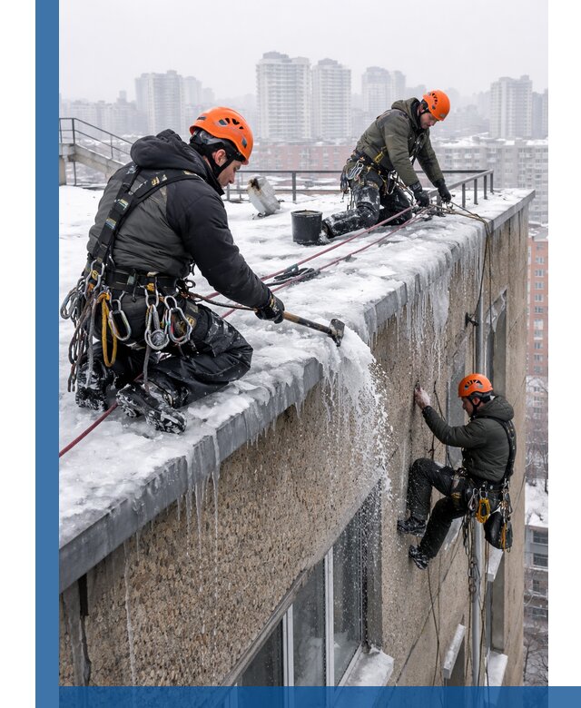 Удаление наледи с кровли в Каменске-Шахтинском промышленными альпинистами