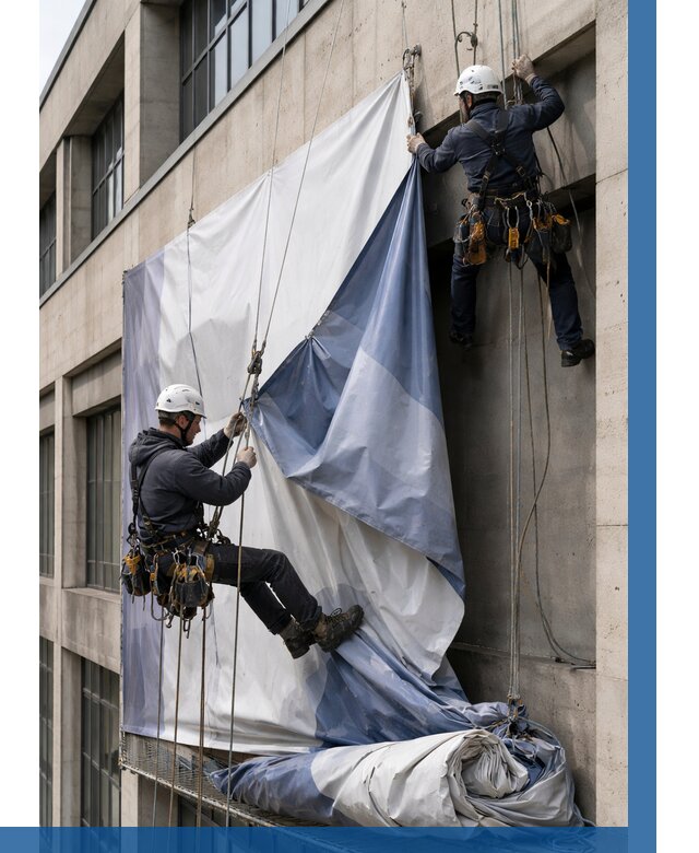 Демонтаж баннеров с фасада в Каменске-Шахтинском от 4635 р. | ВЫСОТНИК-Ксш