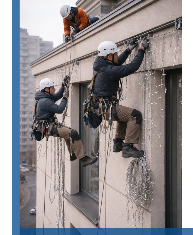 Монтаж праздничных гирлянд на фасаде в Каменске-Шахтинском для зданий