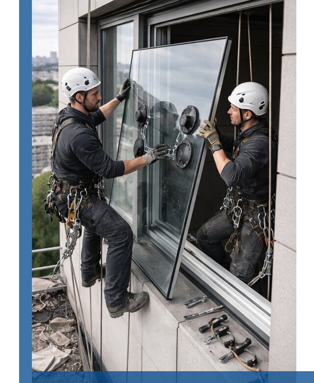 Замена стеклопакетов на высоте с промышленными альпинистами в Каменске-Шахтинском