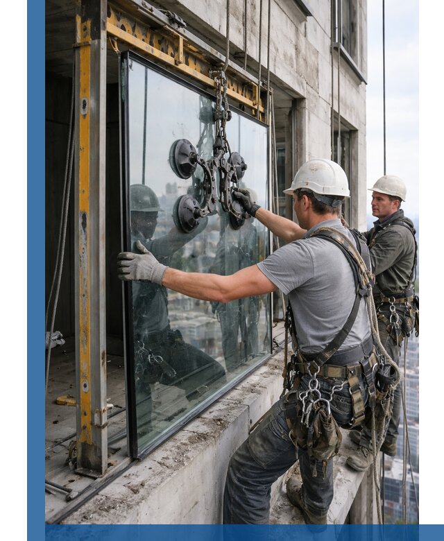 Монтаж стеклопакетов на высоте в Каменске-Шахтинском с промышленным альпинизмом